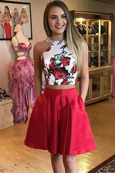 Two Piece Floral Red Short With Pocket Simple Knee Length Graduation A Line Madisyn Homecoming Dresses Party Dress XXA407