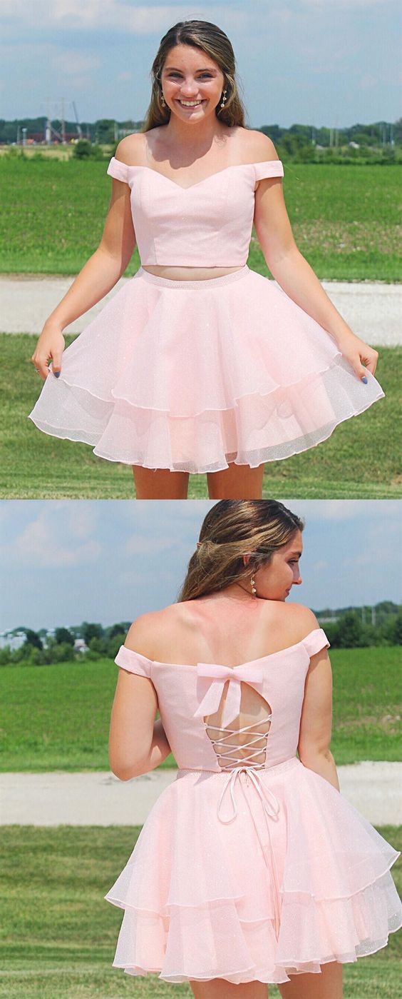 Lilianna Pink Homecoming Dresses Two Pieces A Line Off The Shoulder With Beading CD4081