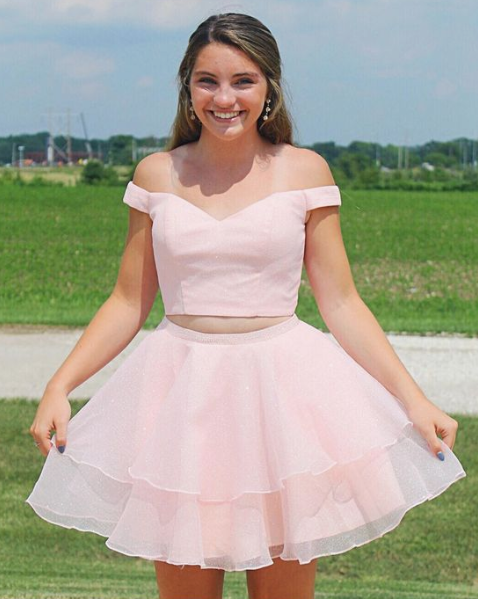 Lilianna Pink Homecoming Dresses Two Pieces A Line Off The Shoulder With Beading CD4081