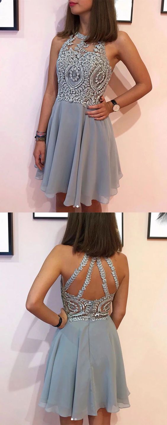 Gray Homecoming Dresses Chiffon Lace Sally Short Dress Gray XXA4110