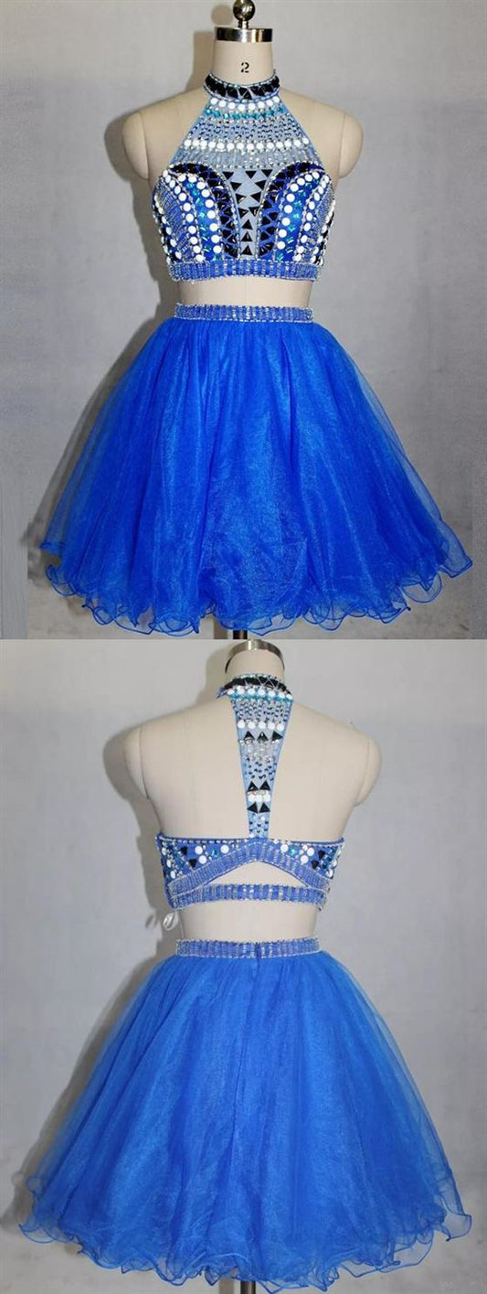 Blue High Neck Beaded Short Dresses Cocktail Homecoming Dresses Two Pieces Cecelia XXA413