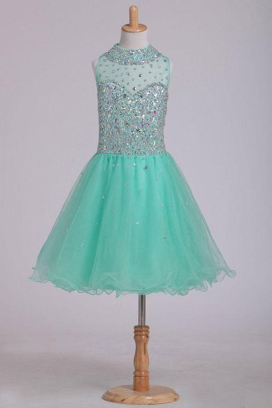 2024 High Neck Short/Mini Greta Homecoming Dresses A Line Beaded Bodice Tulle Open Back XXA4132