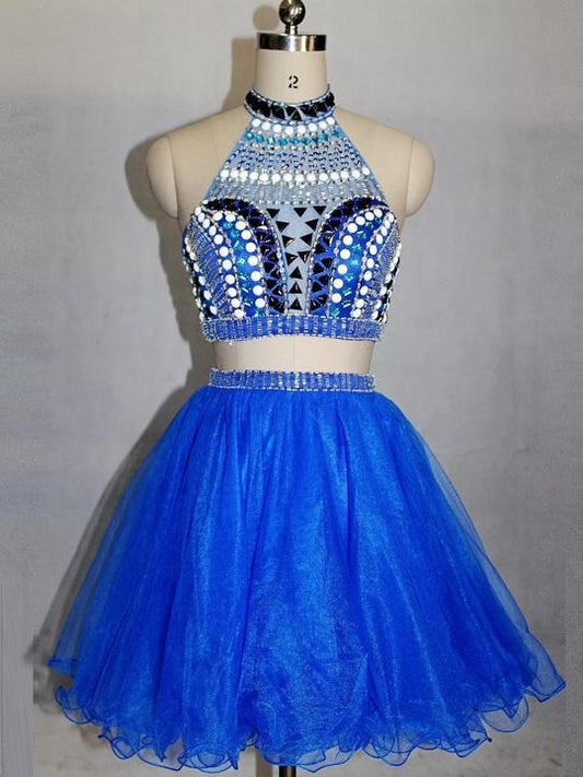 Blue High Neck Beaded Short Two Pieces Dayana Cocktail Homecoming Dresses Dresses CD413