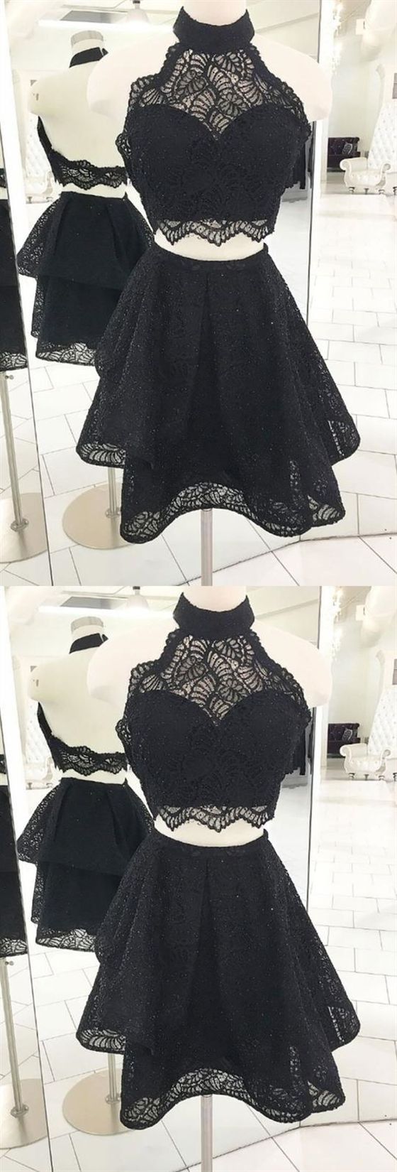 Black Halter Short Dresses Homecoming Dresses Cocktail Izabella Lace Two Pieces CD417