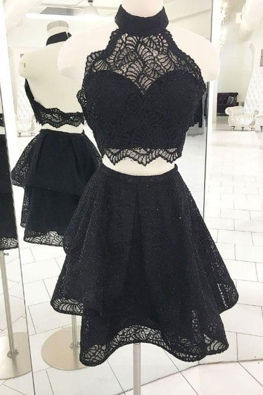 Black Halter Short Dresses Homecoming Dresses Cocktail Izabella Lace Two Pieces CD417