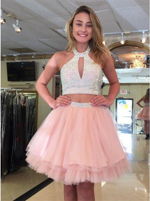 Cute Halter Homecoming Dresses Lyla Pink Two Piece Beaded Short CD419