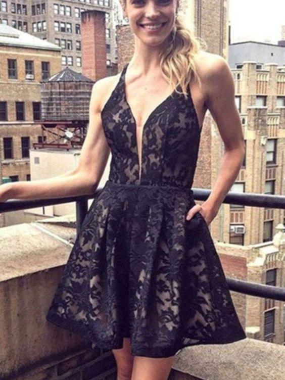 A-Line Deep V-Neck Short Lace Homecoming Dresses Riley Black With Pockets XXA427