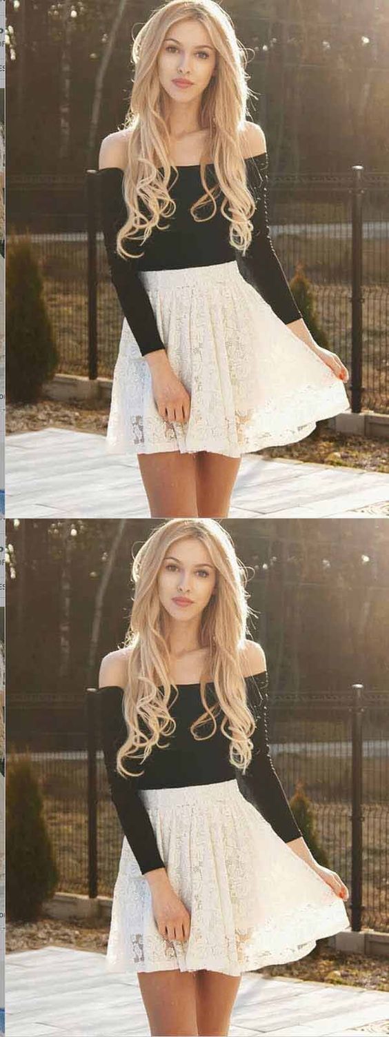 Two Piece Long Sleeves Lace Homecoming Dresses Ivory Trudie Short CD429