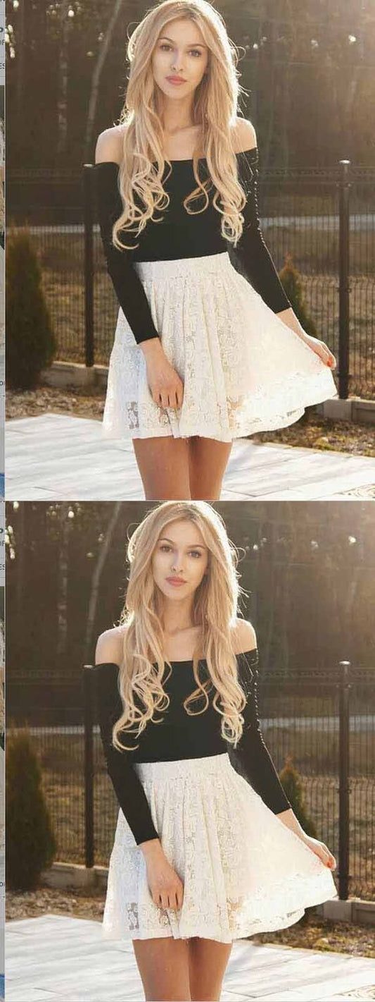 Two Piece Long Sleeves Lace Homecoming Dresses Ivory Trudie Short CD429