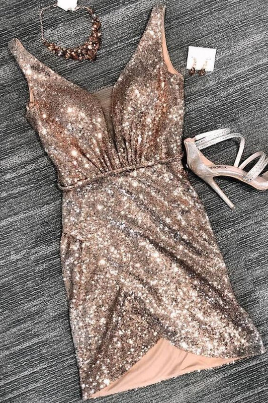 Sexy Tight Rose Gold Sequins Short Party Sanaa Homecoming Dresses Cocktail Dress XXA4297