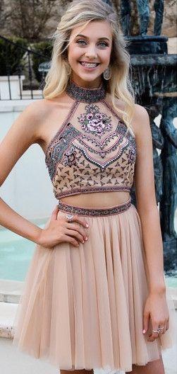 High Neck Embroidery Two Piece Gold With Open Briana Homecoming Dresses Back CD4330