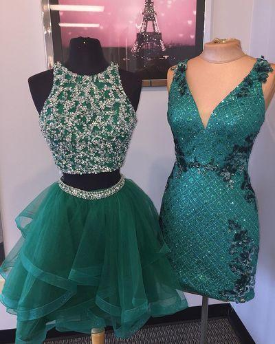 Elegant Short Beaded Tulle Party Gown Green Two Piece Homecoming Dresses Ava Dress CD4360