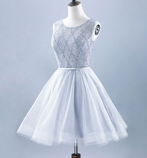 Gray Round Neck Tulle Short Homecoming Dresses Lace Ansley Dress Fashion Girl Dress XXA4367