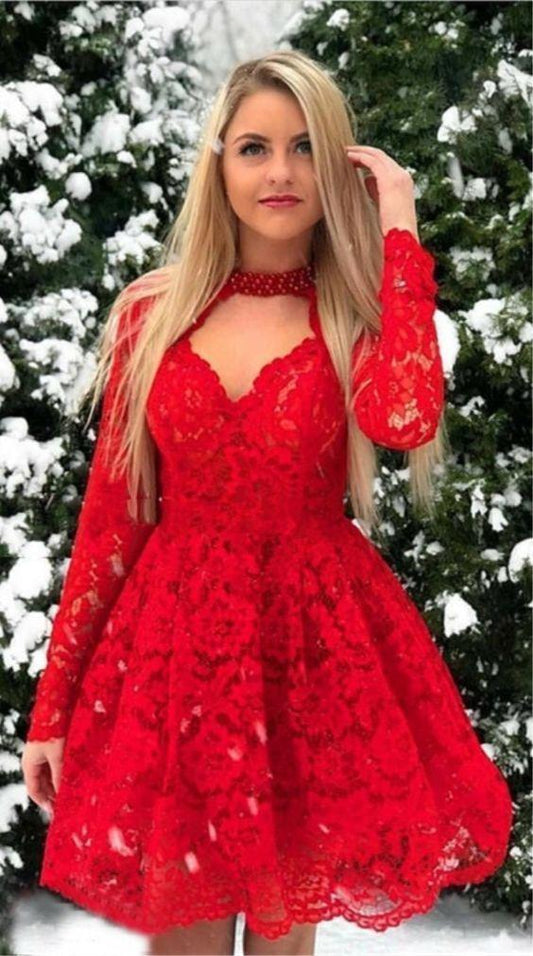 Vintage Red Short Long Sleeve Knee Length For Malia Homecoming Dresses Lace Teens Long Sleeve CD436