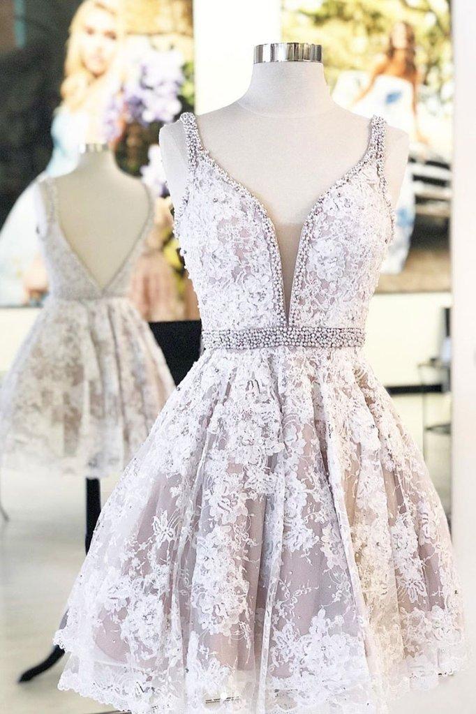 WHITE V NECK TULLE LACE SHORT Homecoming Dresses Simone DRESS LACE XXA4387