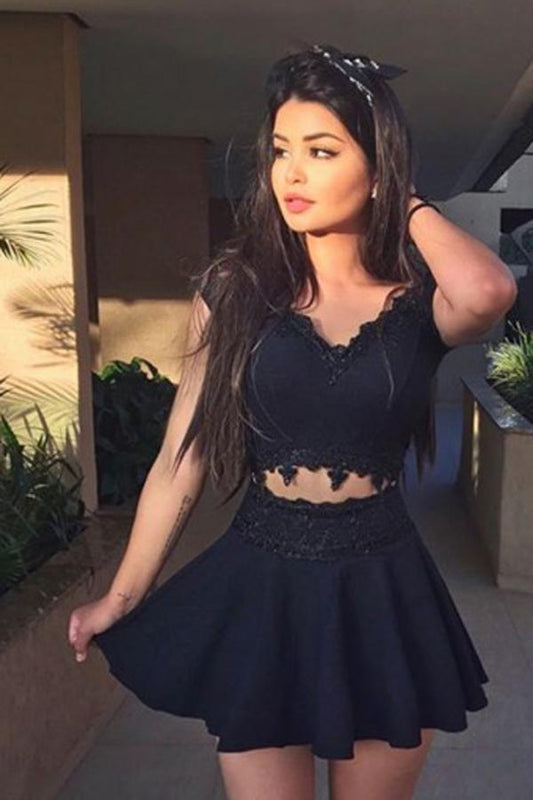 Black Homecoming Dresses Lace Anabella Capped Sleeve V Neck Up Appliques Short Dress XXA43