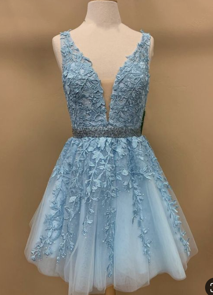 Gertie Lace Homecoming Dresses Baby Blue V Neck Tulle 2024 Cute Party Dress XXA4428