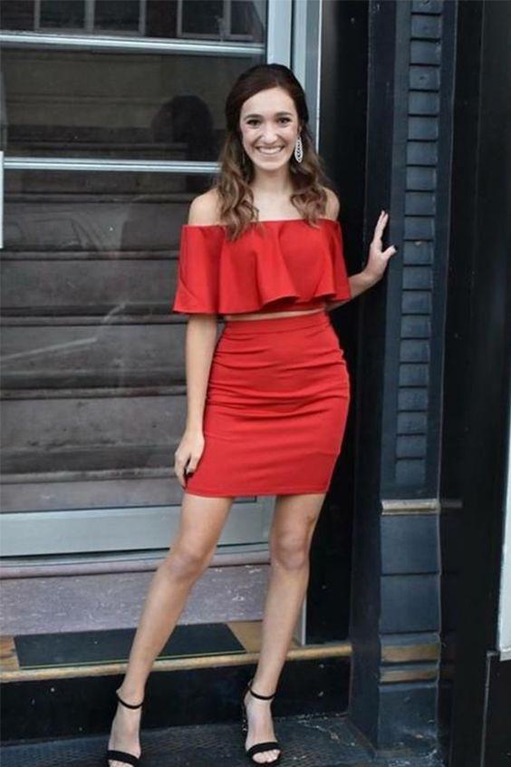 Two Piece Homecoming Dresses Lucia Off-The-Shoulder Above-Knee Red With Ruffles CD4447