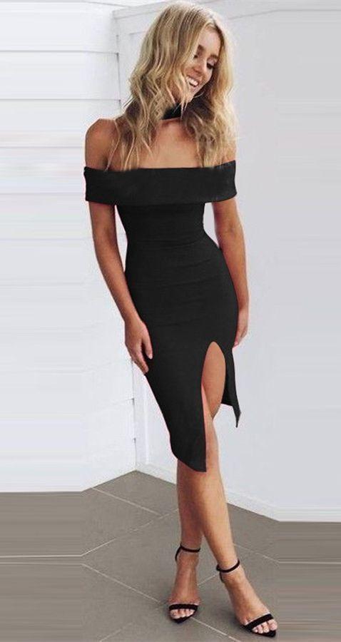 Off Homecoming Dresses Edith The Shoulder Black Short Evening Party With Slit CD4500