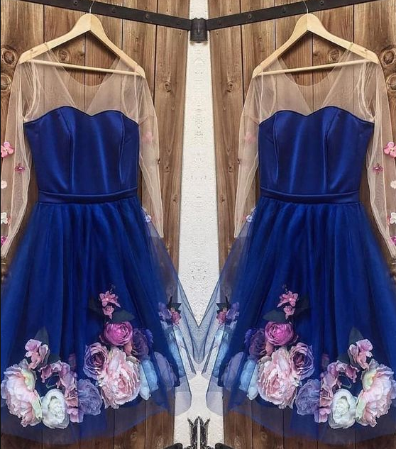 Long Sleeves 3D Floral Short Blue Dresses Short Blue Homecoming Dresses Marina Formal Graduation XXA4513