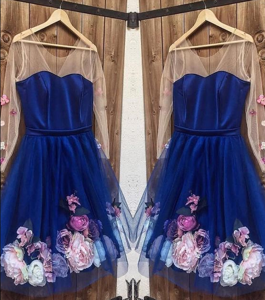 Long Sleeves 3D Floral Short Blue Dresses Short Blue Homecoming Dresses Marina Formal Graduation XXA4513