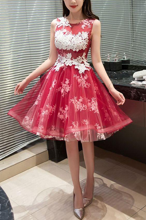 And Appliques Gown Short Dress Cute Marisol Homecoming Dresses Lace Dress Red Tulle XXA4584