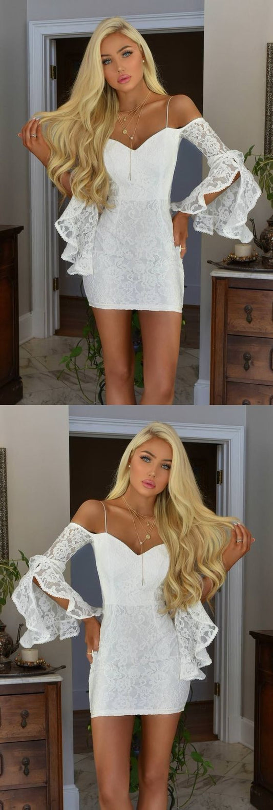 Sheath Off-The-Shoulder Bell Homecoming Dresses Lace Cocktail Lailah Sleeves Short White Dress CD4588