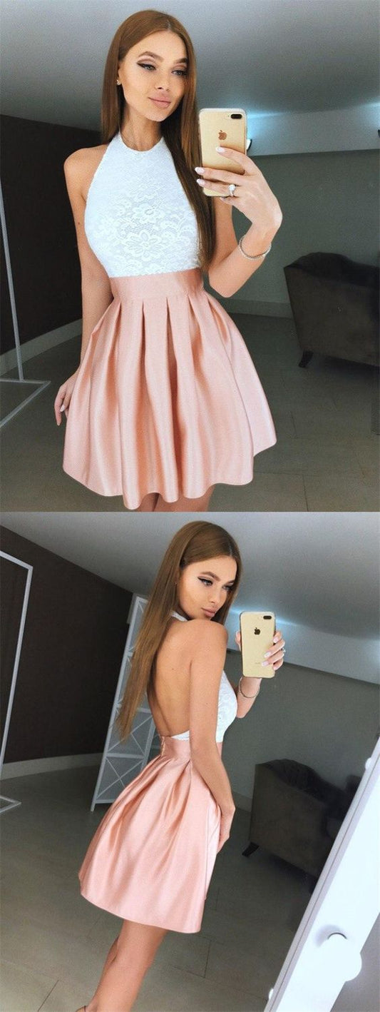 A-Line Halter Backless Reese Pink Homecoming Dresses Lace Short Pleated With Bodice XXA4603