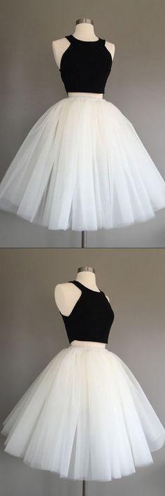 Tulle Halter Knee-Length Two Piece Sleeveless Homecoming Dresses Ivory Donna CD4612