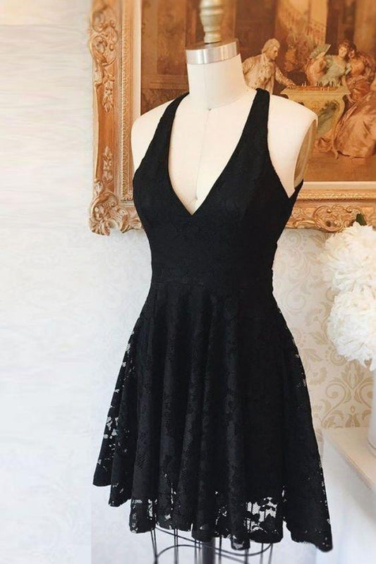 High Low Homecoming Dresses Lace Kenley V-Neck Criss-Cross Straps Little Black XXA4613