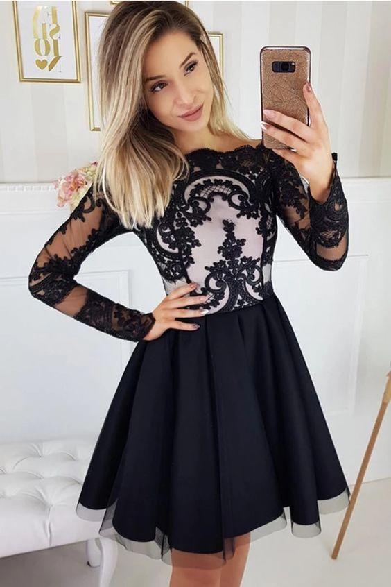 Charming Black Long Lace Setlla Homecoming Dresses Sleeves Cheap Short Party Dress XXA4659