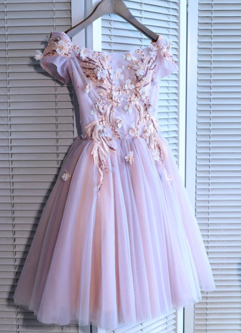 Homecoming Dresses Kit Pink Tulle Sequins Short Evening Dress CD4718