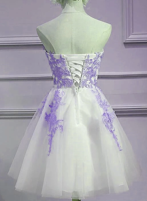 Lovely Sweetheart White Tulle Lace Daisy Homecoming Dresses With Purple Cute Party XXA4720