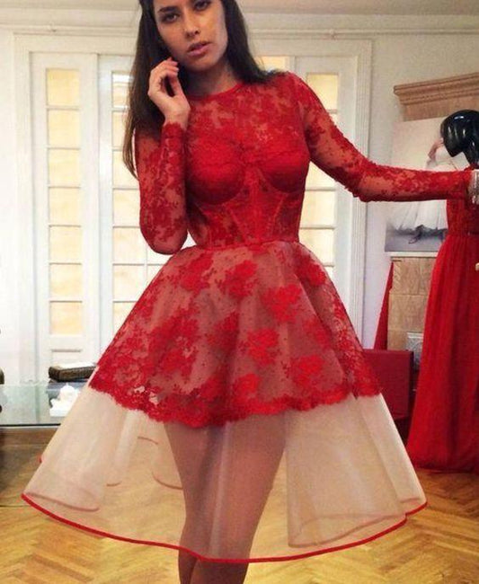 New Red Homecoming Dresses Cocktail Leyla Lace Long Sleeves Dresses CD4733