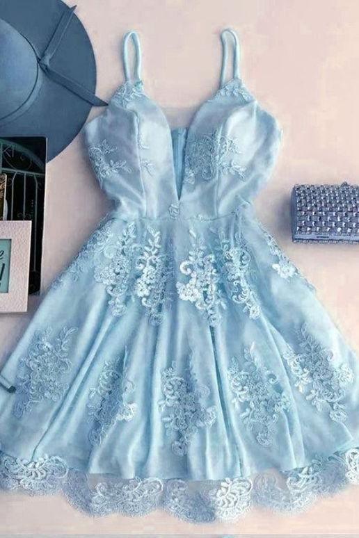 Homecoming Dresses Mallory Cocktail Light Blue Short V-Neck Dress Semi Formal Dresses Elegant Party Dress CD475