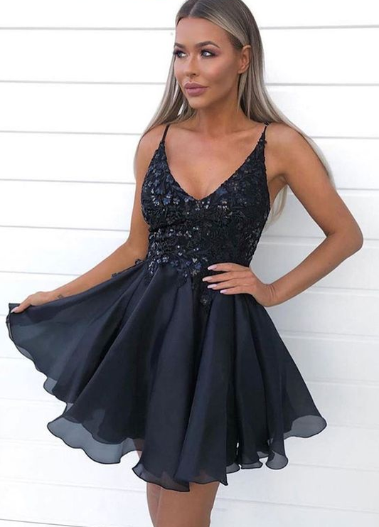 Black V Neck Sequins Short Party Dress Black Lace Erin Homecoming Dresses Evening CD4756