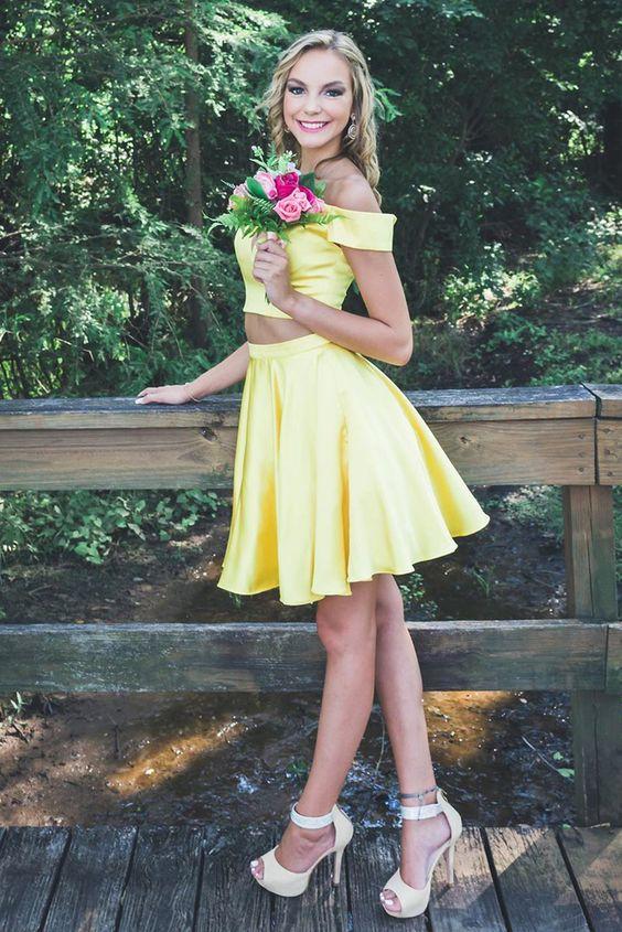 Off The Shoulder Two Piece Party Dress Yellow Short Pat Homecoming Dresses CD4795