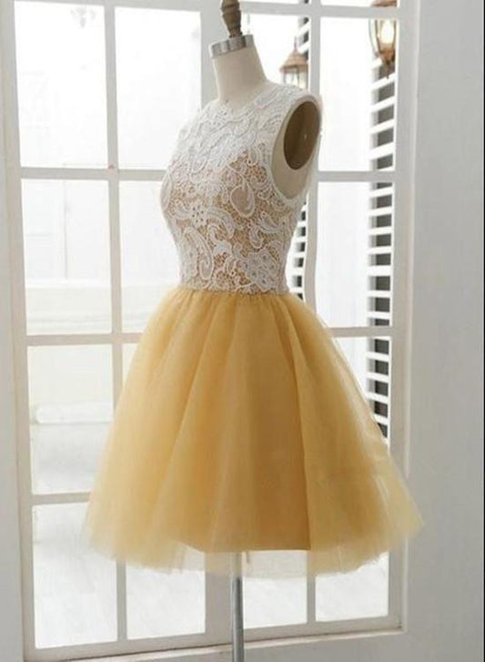 Beautiful Champagne And Tulle Round Lace Homecoming Dresses Emilie Neckline Short Party Dress Lovely XXA4817