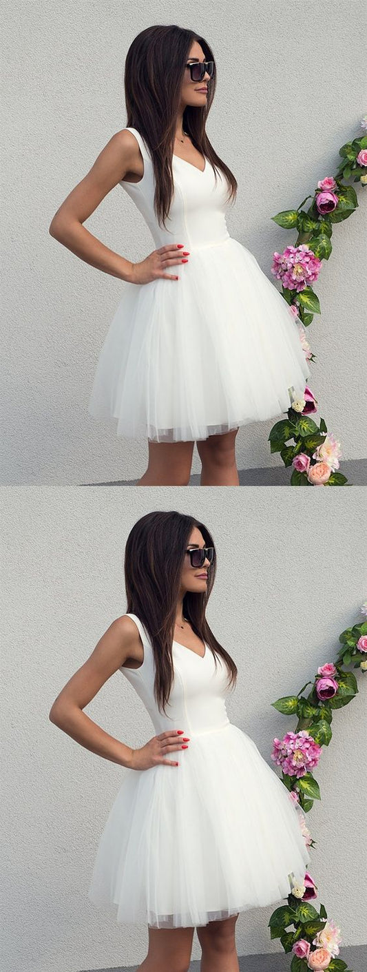 V Neck White Short Homecoming Dresses Sabrina Party Dresses Short White V Neck Formal Graduation Dresses XXA4845