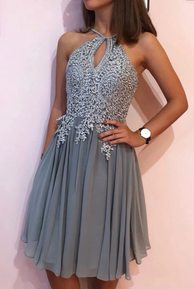 Homecoming Dresses Lace Jazmin Chiffon Gray Short Party Dress Gray XXA4978