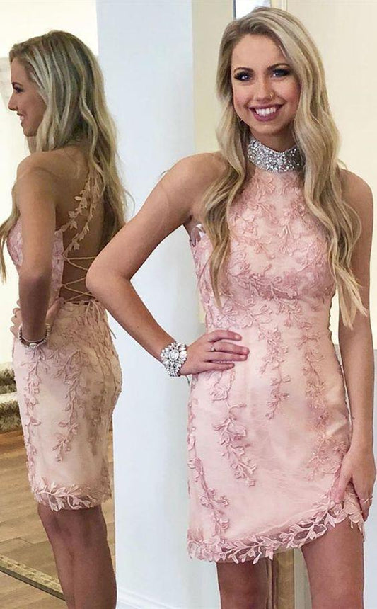 Short Sexy Short Party Marley Pink Lace Homecoming Dresses Dresses Tight Modest Tie Straps Back Hoco Dresses XXA5065