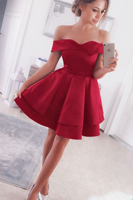 Short Dress Ofd Shoulder Madeline Satin Cocktail Homecoming Dresses Party Gown CD5106