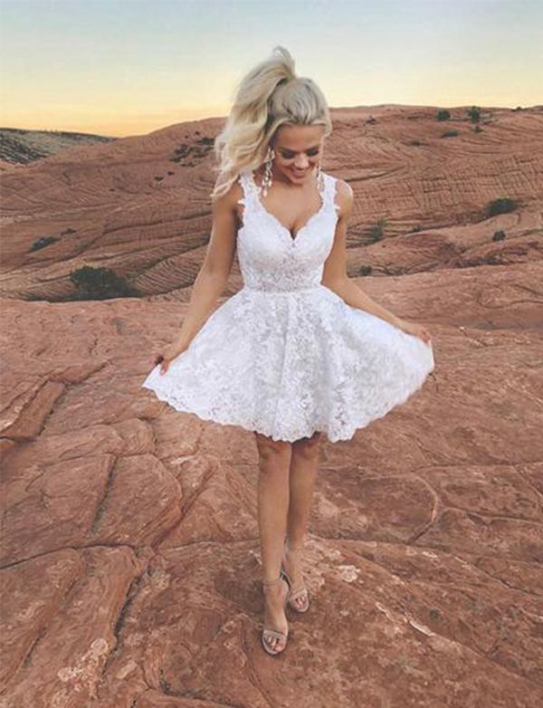 White Short V Neck Appliques Dresses Homecoming Dresses Kristin Cocktail CD517