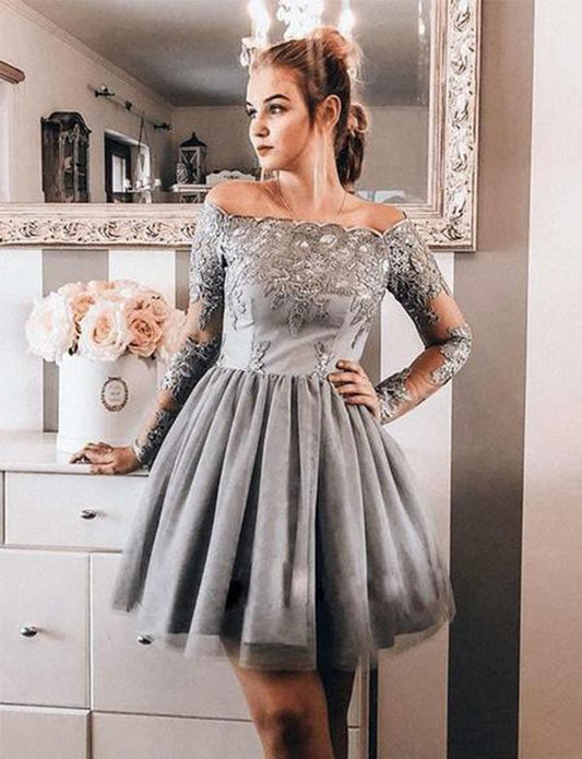 Off Homecoming Dresses Gillian Cocktail The Shoulder Short Appliques Gray Party Dresses XXA518