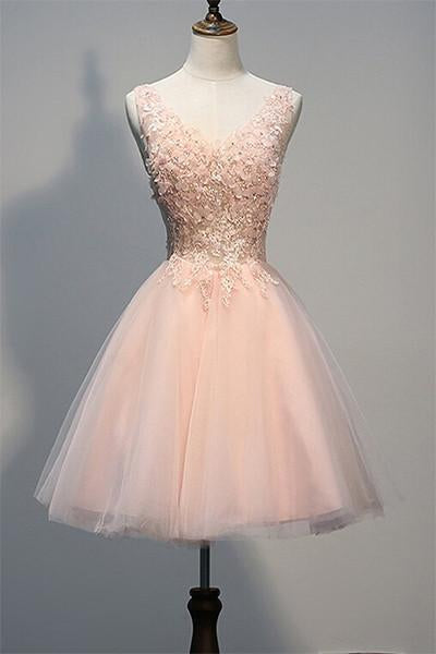 Blush Beaded Cocktail Pink Homecoming Dresses Callie Lace Backless V-Neck Sweet 16 Dress XXA51