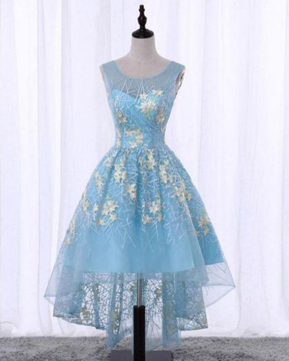 Spring Blue Scoop Neck High Low With Moriah Lace Homecoming Dresses Appliques XXA5219