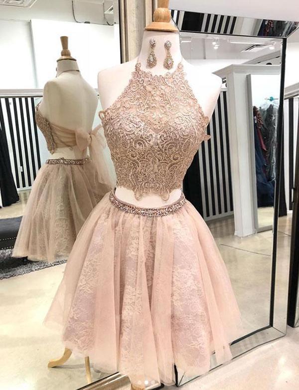 Halter Champagne Homecoming Dresses Two Pieces Amiyah Short With Appliques CD527