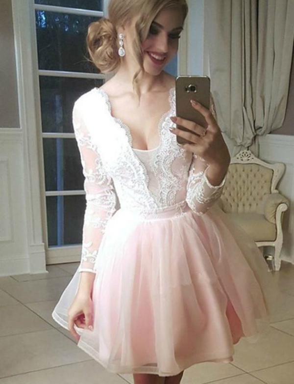 Homecoming Dresses Cocktail Diya Pink A-Line V-Neck Long Sleeves Tulle Dress With Appliques CD536