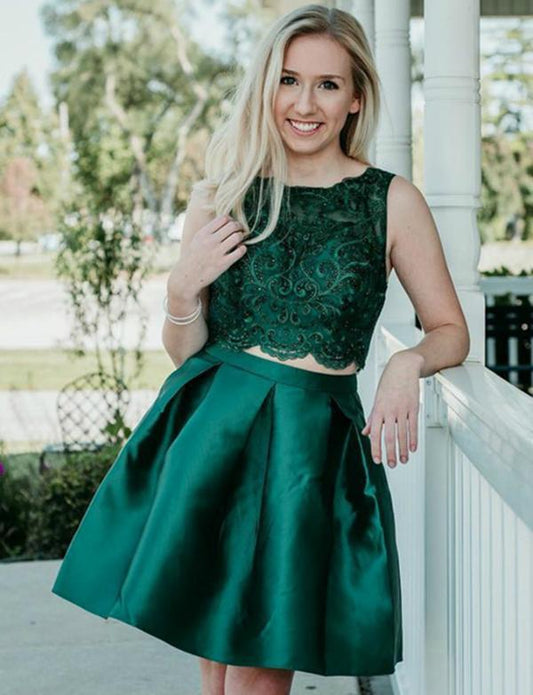 Two Piece Dark Green Satin Homecoming Dresses Mareli With Beading CD543