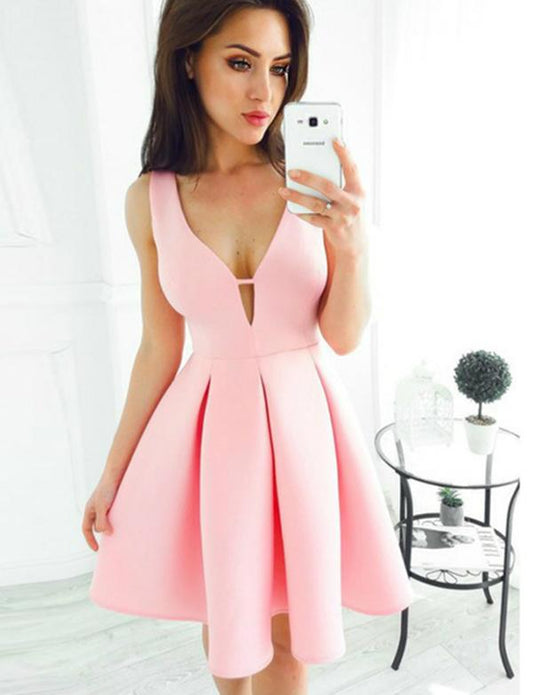 Sleeveless Deep V-Neck Homecoming Dresses Emilee Satin Cocktail Pink Dress CD546